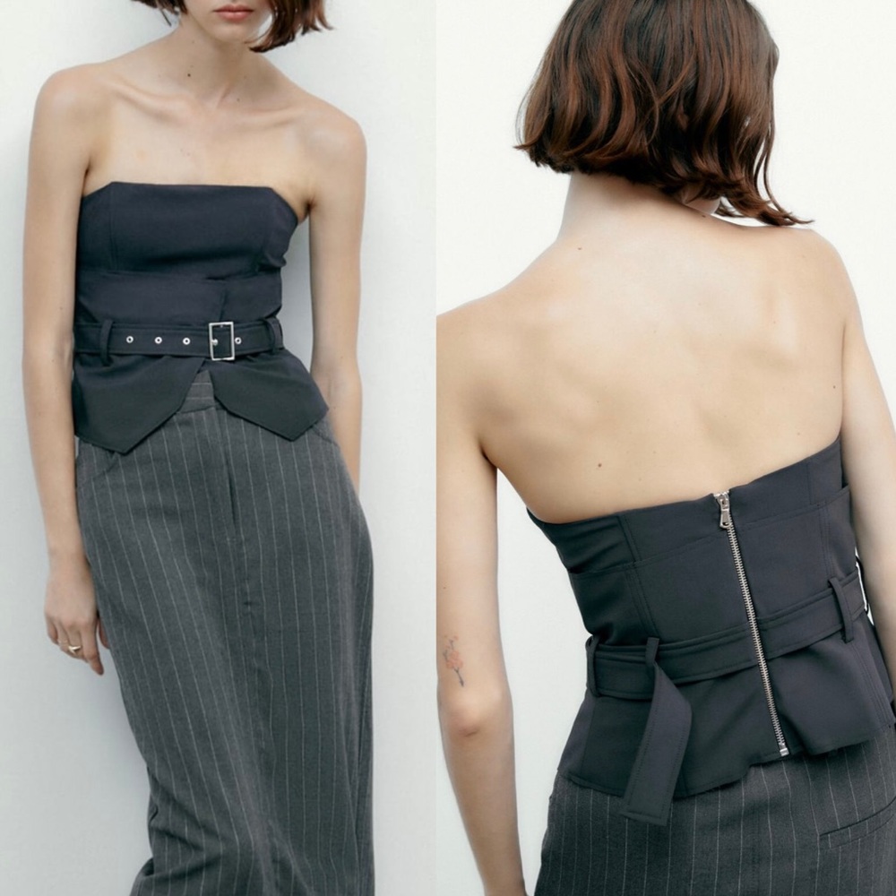 Zara Black Strapless Belted Peplum Top